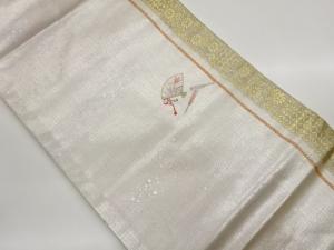 金彩縞に扇・花唐草・古典柄模様刺繍名古屋帯